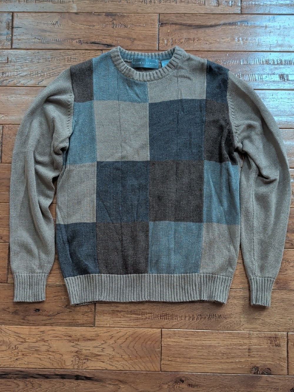 Oscar De La Renta Vintage Grandpa 90s Men's Patchwork Crewneck Sweater
